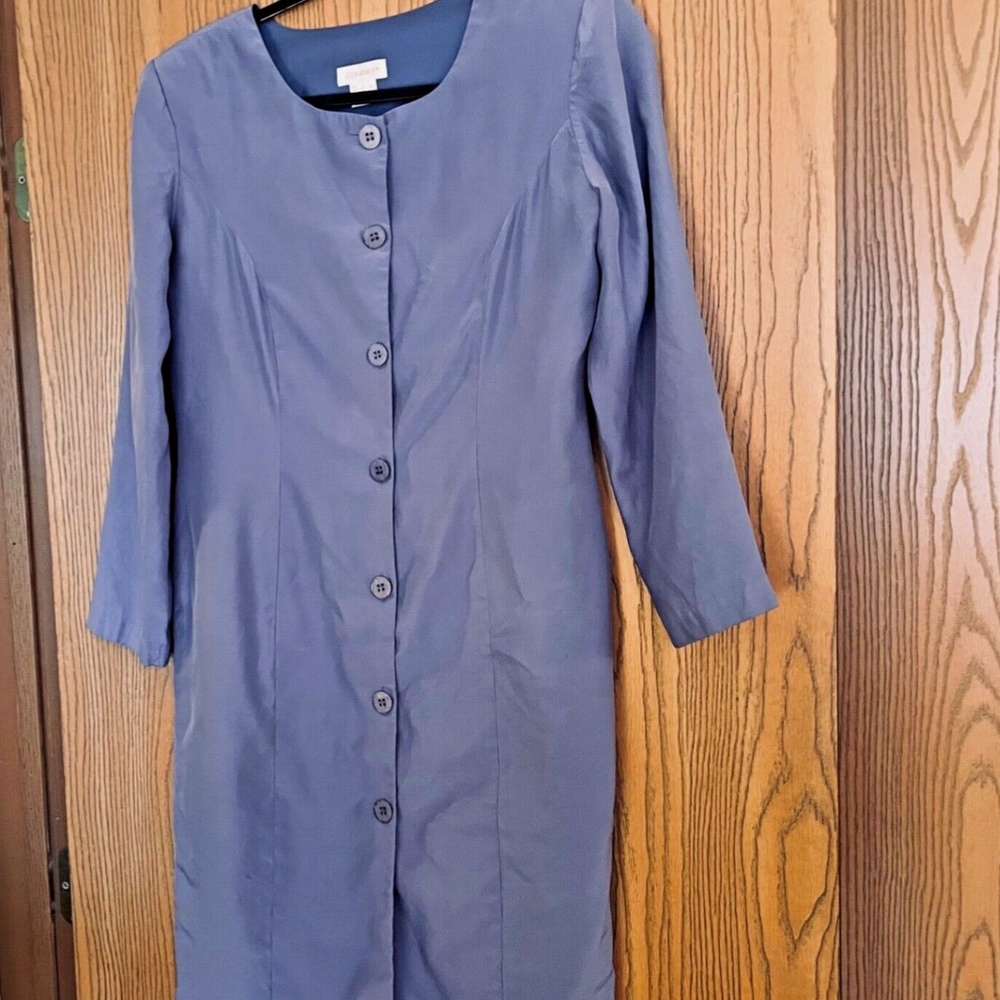 VINTAGE ELLEN ASHLEY FULL BUTTON FRONT BLUE 100% SILK DRESS LONG SLEEVE SIZE 6